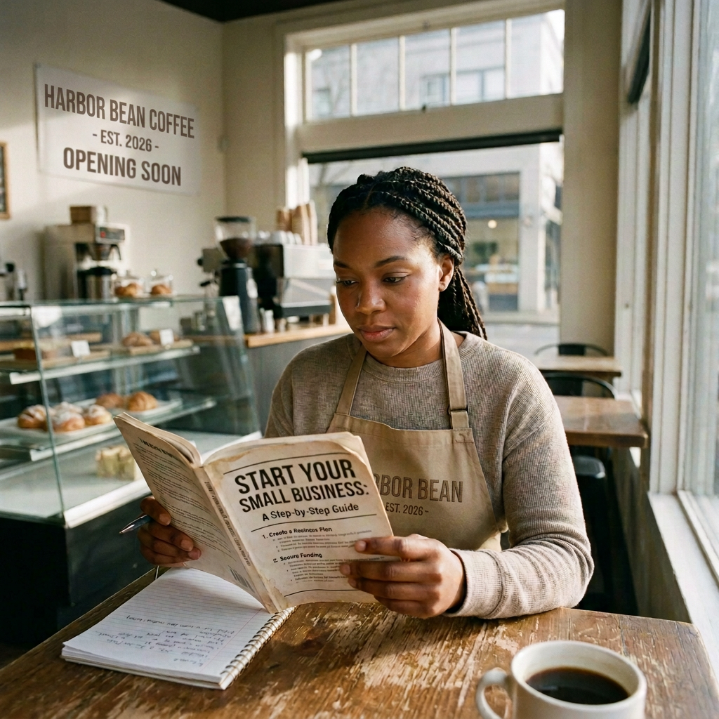 Startup a new business - image of a new owner in her coffee shop reading a step by step guide on starting a new business