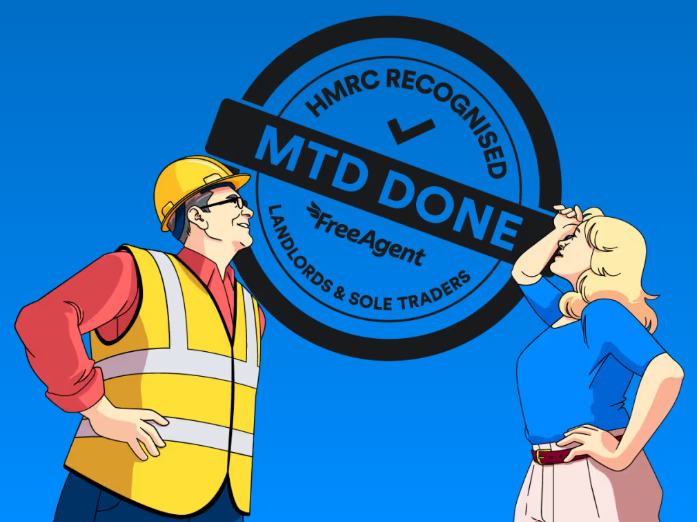 A cartoon illustration featuring a man in a yellow hard hat and safety vest smiling at a woman with blonde hair, who is playfully touching her face. The background is blue, and there is a prominent circular stamp graphic stating 'HMRC RECOGNISED MTD DONE FreeAgent LANDLORDS & SOLE TRADERS'.