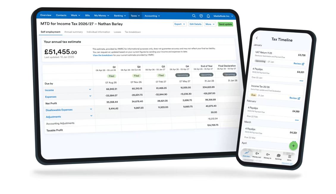 Screenshot of a tax estimate dashboard displaying annual tax estimate, income, expenses, net profit, and a tax timeline for self-employment tax for Nathan Barley.