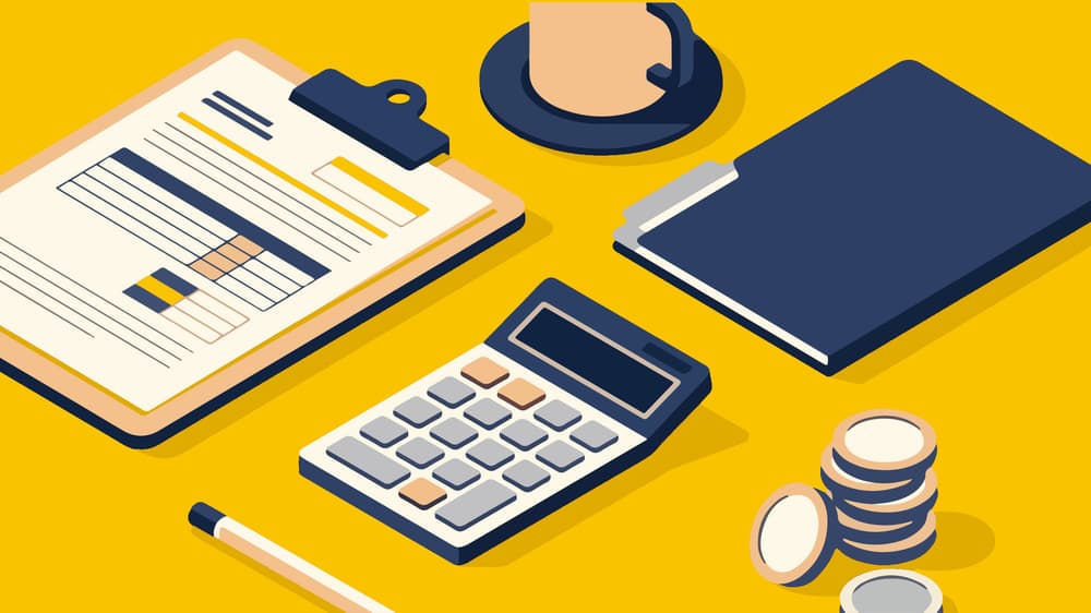 Bookkeeping clipboard, calculator and coins illustration