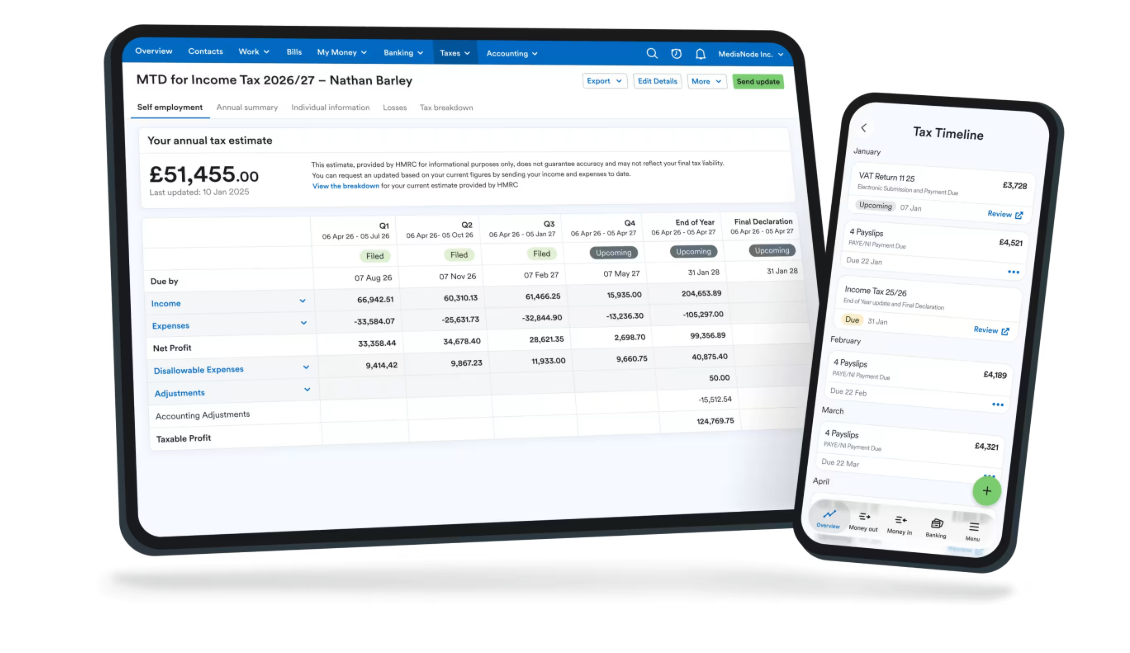 FreeAgent Making Tax Digital for Income Tax dashboard on tablet and phone